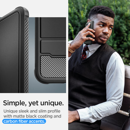 ACS07326 - Galaxy S24 Plus Case Rugged Armor in Matte Black showing the simple, yet unique. Unique sleek and slim profile with matte black coating and carbon fiber accents