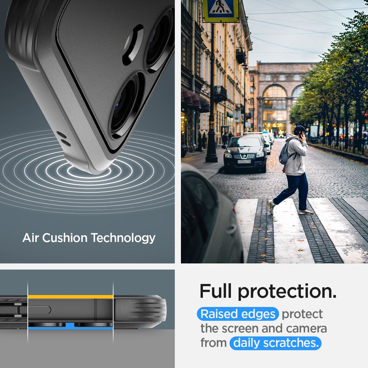 ACS07326 - Galaxy S24 Plus Case Rugged Armor in Matte Black showing the Air Cushion Technology. Full protection. Raised edges, protect the screen and camera from daily scratches