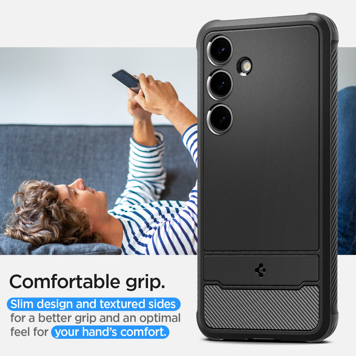 ACS07346 - Galaxy S24 Case Rugged Armor in Matte Black showing the comfortable grip. Slim design and textured sides for a better grip and an optimal feel for your hand's comfort