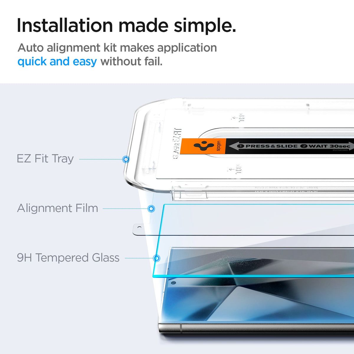 AGL07493 - Galaxy S24 Ultra GLAS.tR EZ Fit in Transparency showing the installation made simple. Auto alignment kit makes application quick and easy without fail. EZ Fit Tray, Alignment Film and 9H Tempered Glass