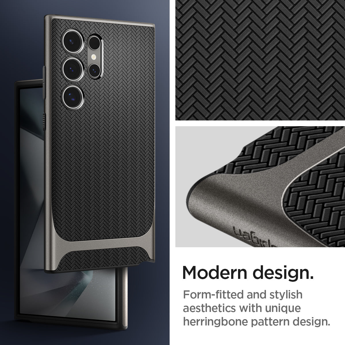 ACS07305 - Galaxy S24 Ultra Case Neo Hybrid in Gunmetal showing the modern design. Form-fitted and stylish aesthetics with unique herringbone pattern design