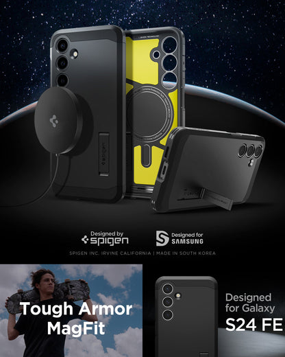 ACS08625 - Galaxy S24 FE Case Tough Armor (MagFit) in Black showing the back, partial inner, propped with the built-in kickstand