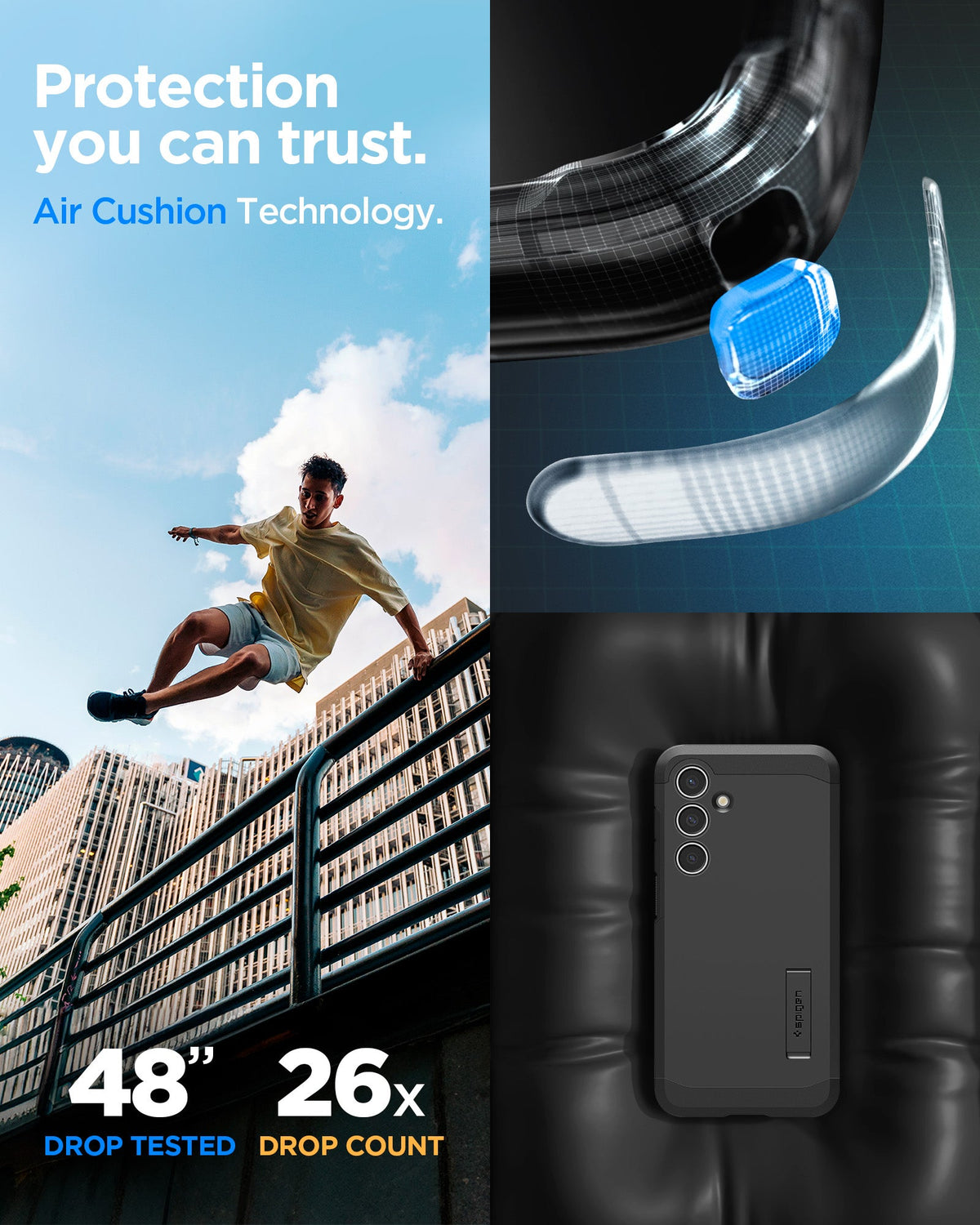 ACS08625 - Galaxy S24 FE Case Tough Armor (MagFit) in Black showing the protection you can trust. Air Cushion Technology. 48" drop tested, 26x drop count