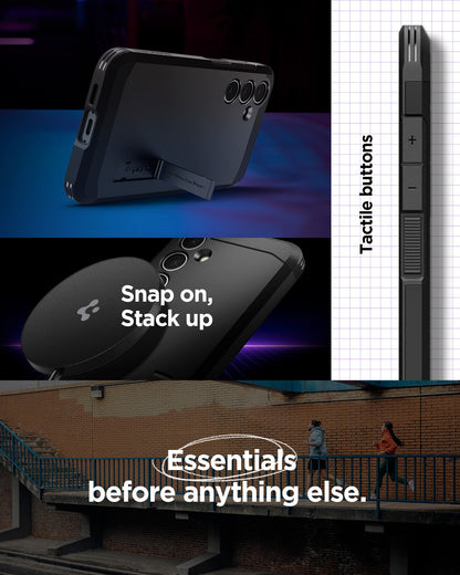 ACS08625 - Galaxy S24 FE Case Tough Armor (MagFit) in Black showing the tactile buttons while easily snap on, stack up wireless chargers