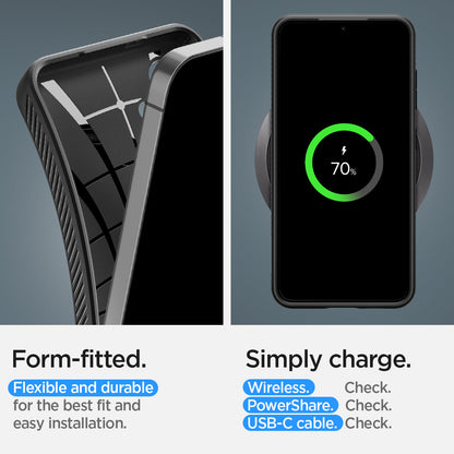 ACS07327 - Galaxy S24 Plus Case Liquid Air in Matte Black form fitted flexible and durable for the best fit and easy installation. Simply charge wireless check. power share check. USB-C cable.
