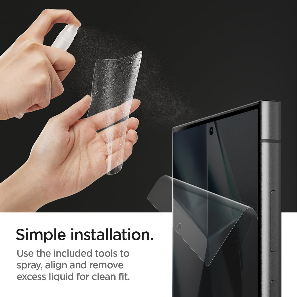 AFL07492 - Galaxy S24 Ultra Neo Flex in Transparency showing the simple installation. Use the included tools to spray, align and remove excess liquid for clean fit