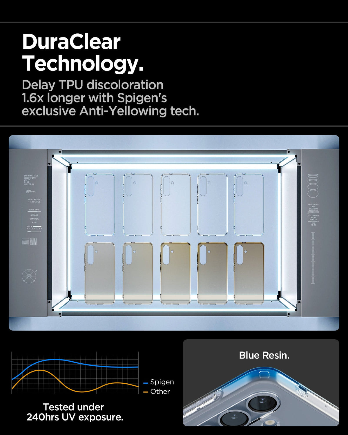 ACS08974 - Galaxy S25 Plus Case Liquid Crystal in Crystal Clear showing the DuraClear Technology. Delay TPU discoloration 1.6x longer with Spigen's exclusive Anti-Yellowing tech