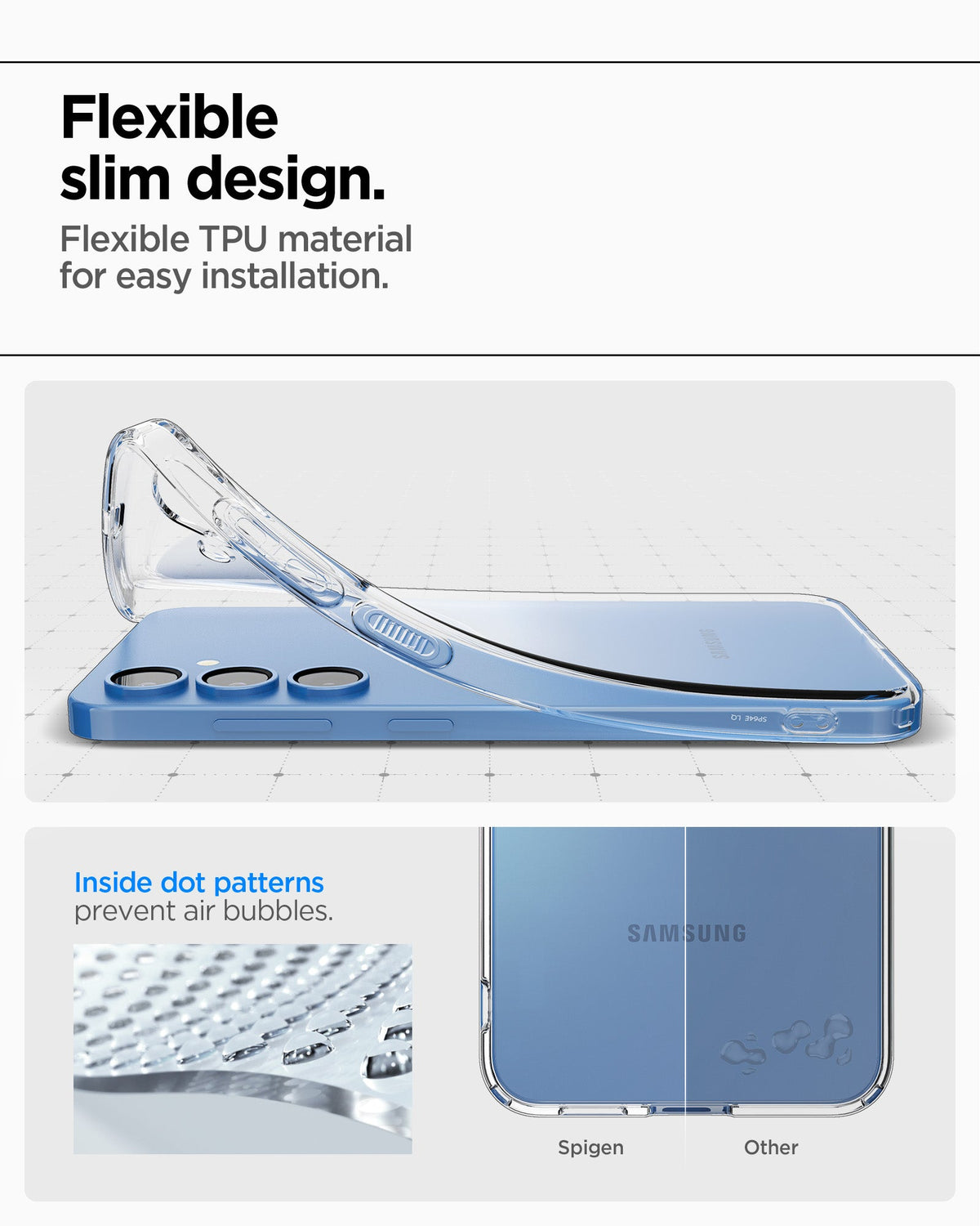 ACS08974 - Galaxy S25 Plus Case Liquid Crystal in Crystal Clear showing the flexible slim design. Flexible TPU material for easy installation. Inside dot patterns prevent air bubbles