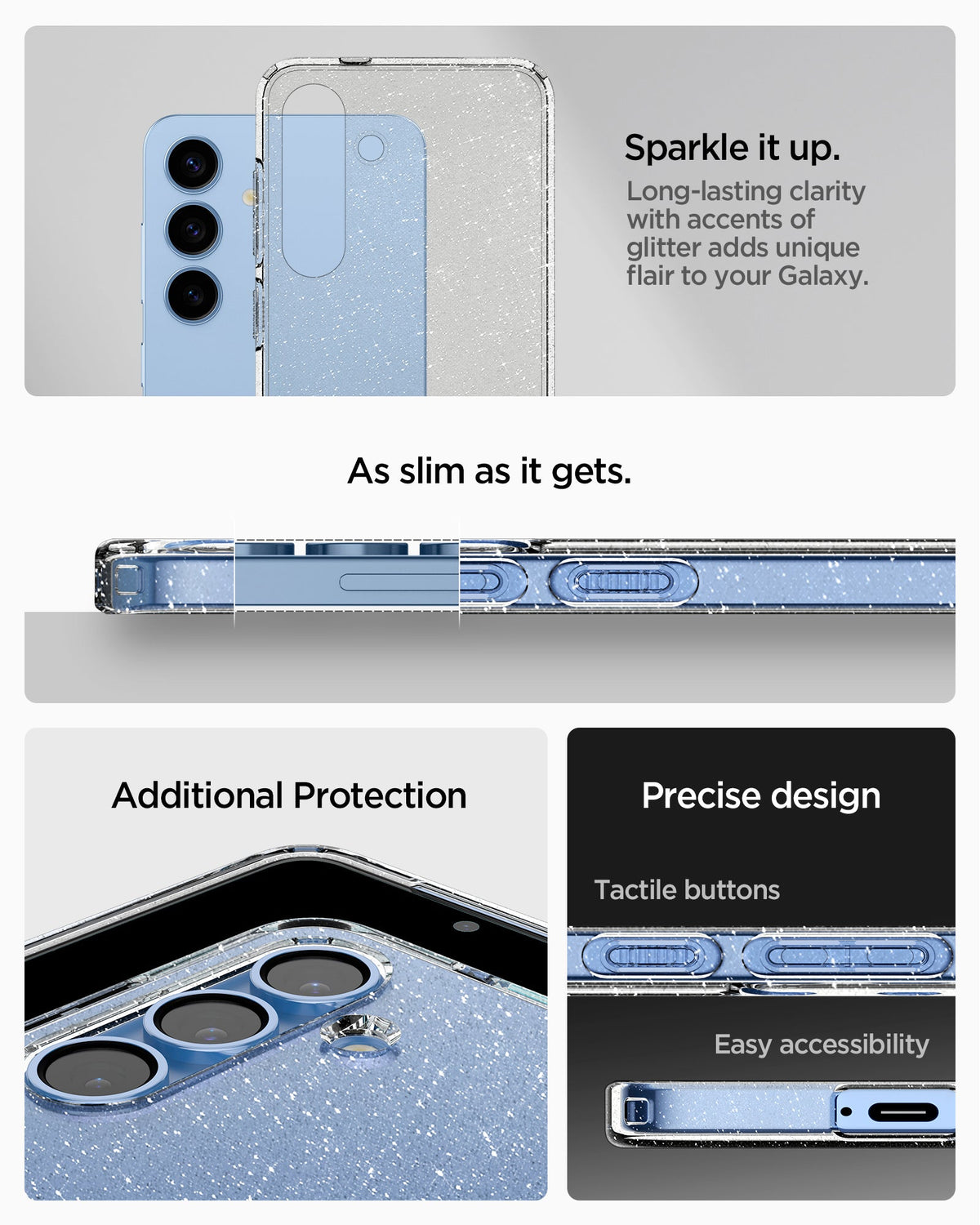 ACS08976 - Galaxy S25 Plus Case in Crystal Quartz showing the long lasting clarity with accents of glitter adds unique flair to your Galaxy. As slim as it gets. Additional Protection. Precise design, tactile buttons and easy accessibility