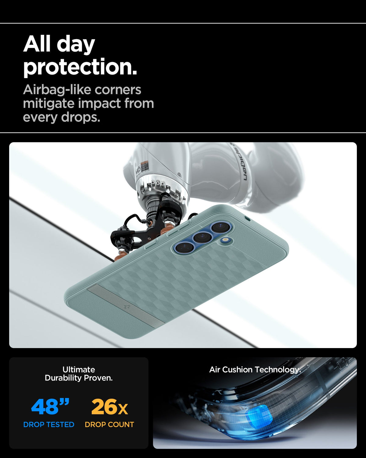ACS09060 - Galaxy S25 Plus Case Parallax (MagFit) in Sage Green showing the all day protection. Airbag-like corners mitigate impact from drops. Ultimate durability proven. 48" drop tested and 26X drop count