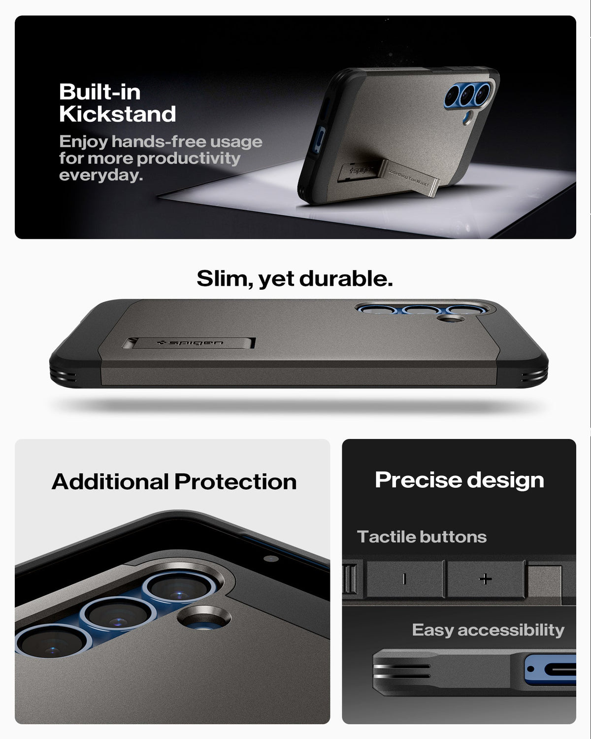 ACS08988 - Galaxy S25 Plus Case Tough Armor AI (MagFit) in Gunmetal showing the built-in kickstand. Enjoy hands-free usage for more productivity everyday. Slim, yet durable. Additional Protection, Precise design and easy accessibility