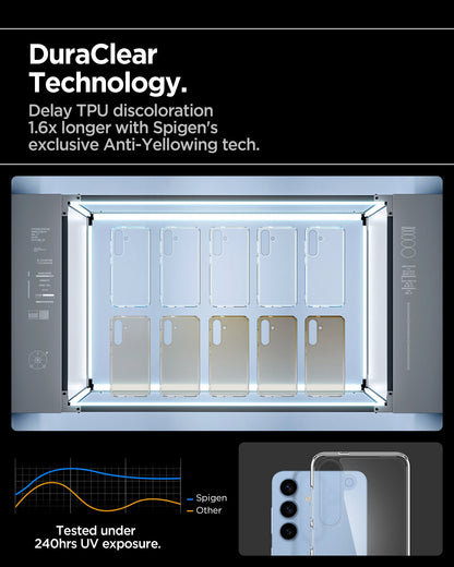ACS08985 - Galaxy S25 Plus Case Ultra Hybrid in Crystal Clear showing the DuraClear Technology. Delay TPU discoloration 1.6x longer with Spigen's exclusive Anti-Yellowing tech