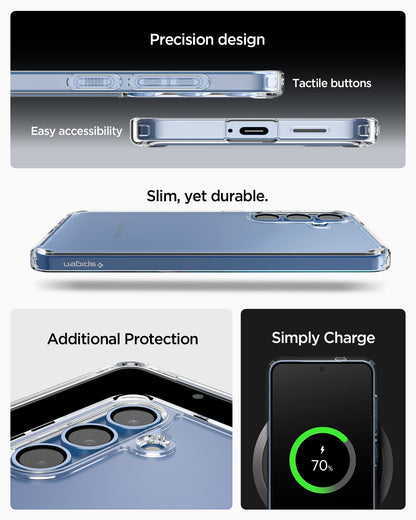 ACS08985 - Galaxy S25 Plus Case Ultra Hybrid in Crystal Clear showing the Precision design. Tactile buttons, easy accessibility. Slim, yet durable. Additional Protection. Simply charge