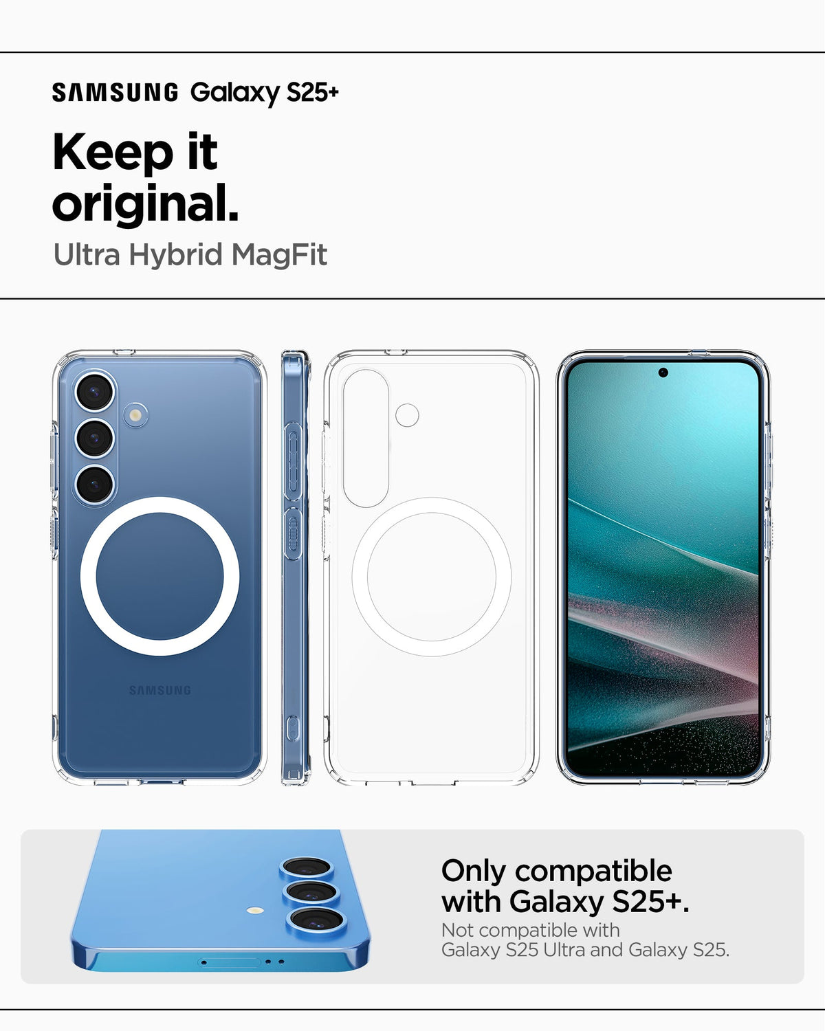 ACS08981 - Galaxy S25 Plus Case Ultra Hybrid Metal Ring (MagFit) in Clear White showing the compatibility. Only compatible with Galaxy S25 Plus Not compatible with Galaxy S25 and Galaxy S25 Ultra