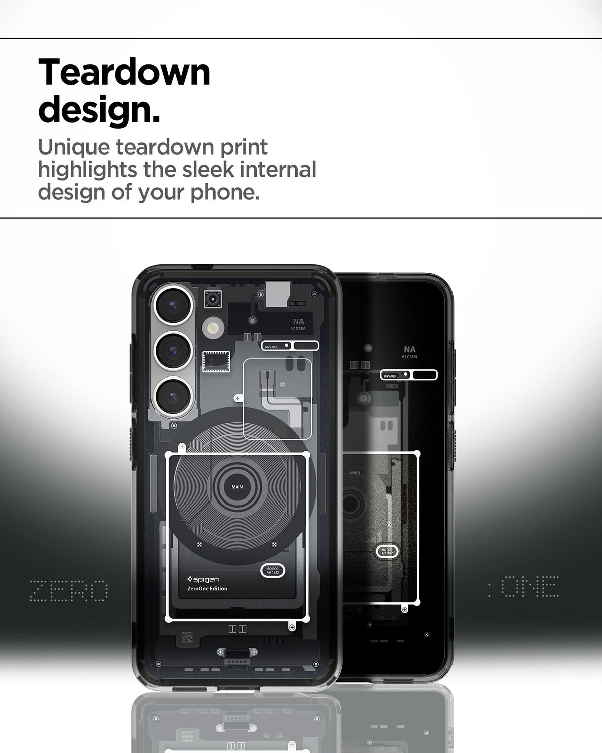 ACS08982 - Galaxy S25 Plus Case Ultra Hybrid Metal Ring Zero One (MagFit) in Zero One Black showing the teardown design. Unique teardown print highlights the sleek internal design of your phone