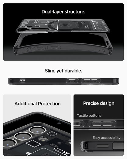 ACS08982 - Galaxy S25 Plus Case Ultra Hybrid Metal Ring Zero One (MagFit) in Zero One Black showing the dual-layer structure. Slim, yet durable. Additional protection. Precise design with tactile buttons and easy accessibility