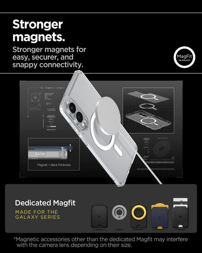 ACS09418 - Galaxy S25 Edge Case Ultra Hybrid (MagFit) in Clear White showing the stronger magnets. Stronger magnets for easy, securer, and snappy connectivity. Magnetic accessories other than the dedicated Magfit may interfere with the camera lens depending on their size