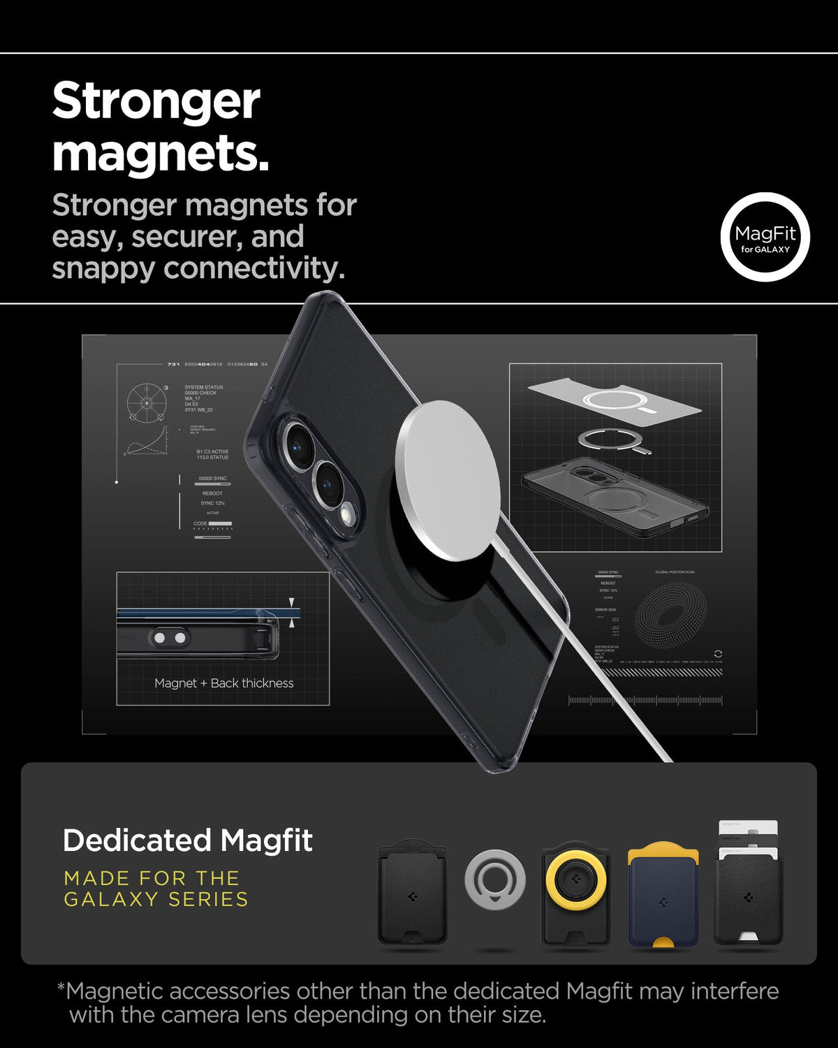ACS09419 - Galaxy S25 Edge Case Ultra Hybrid (MagFit) in Frost Black showing the stronger magnets. Stronger magnets for easy, securer, and snappy connectivity. Magnetic accessories other than the dedicated Magfit may interfere with the camera lens depending on their size