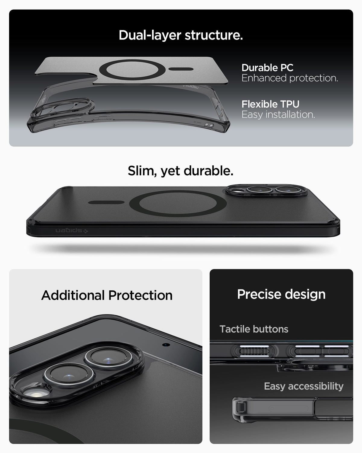 ACS09419 - Galaxy S25 Edge Case Ultra Hybrid (MagFit) in Frost Black showing the dual-layer structure. Durable PC, enhanced protection and Flexible TPU, easy installation. Slim, yet durable. Additional Protection. Precise design, tactile buttons and easy accessibility