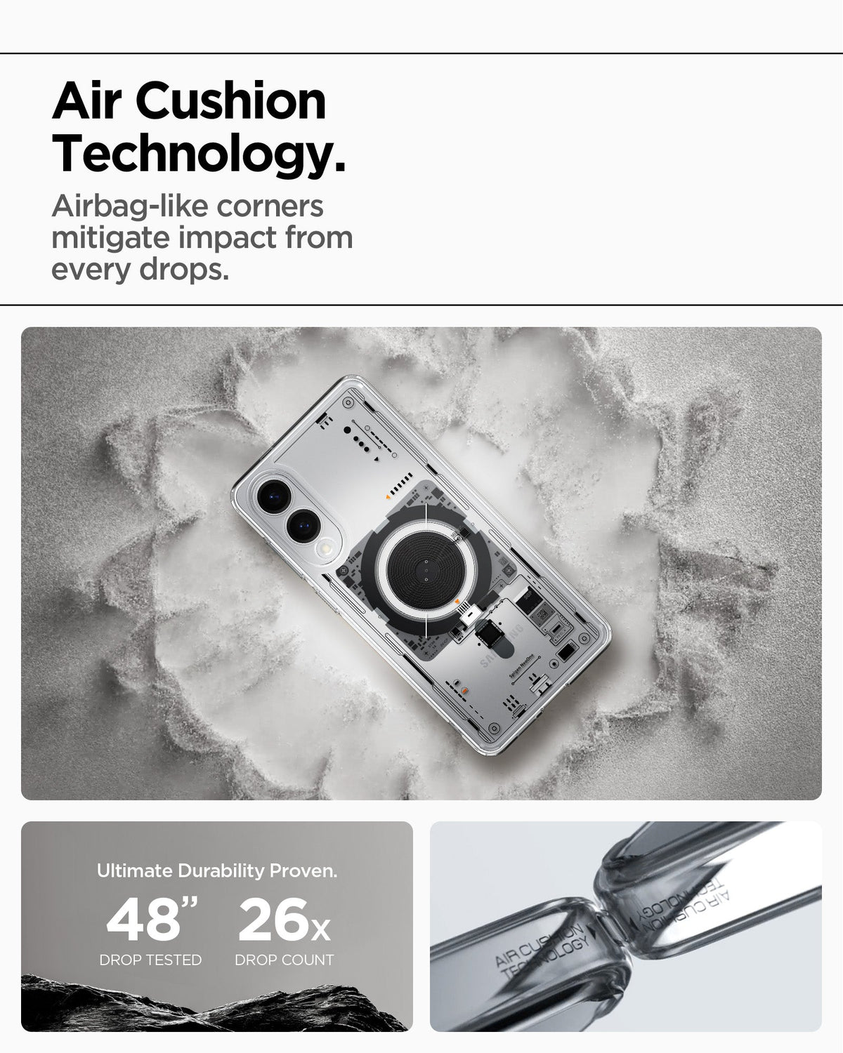 ACS09416 - Galaxy S25 Edge Case Ultra Hybrid Neo One showing the air cushion technology. Airbag-like corners mitigate impact from every drops. Ultimate Durability Proven. 48" drop tested | 26x drop count