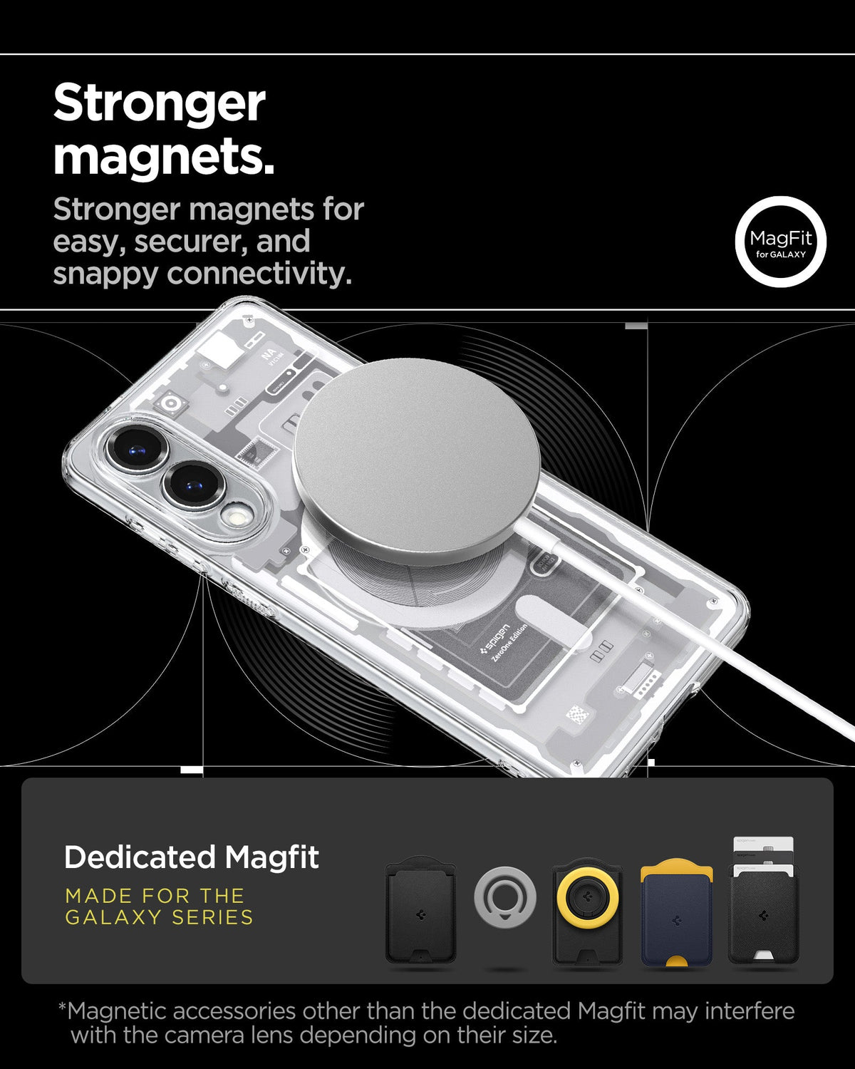 ACS09417 - Galaxy S25 Edge Case Ultra Hybrid Zero One in Zero One White showing the stronger magnets. Stronger magnets for easy, securer, and snappy connectivity. Magnetic accessories other than the dedicated Magfit may interfere with the camera lens depending on their size