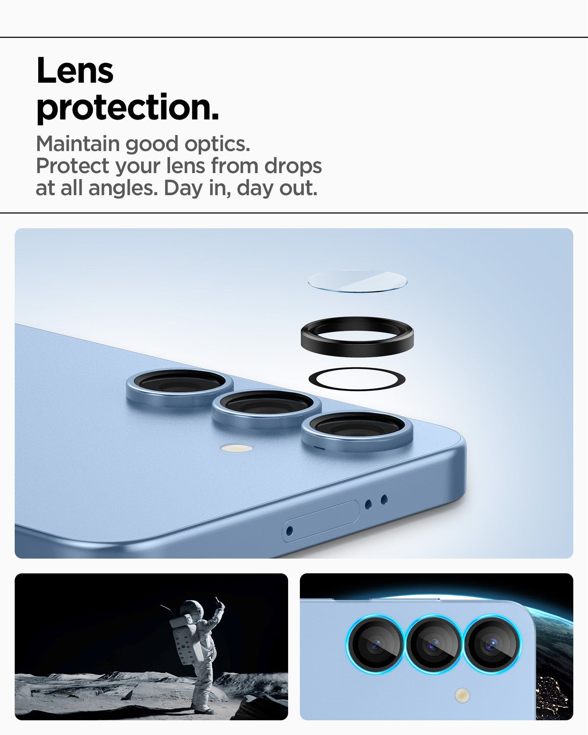 AGL09090 - Galaxy S25 Optik Pro EZ Fit Lens Protector in Black showing the lens protection. Maintain good optics. Protect your lens from drops at all angles. Day in, day out