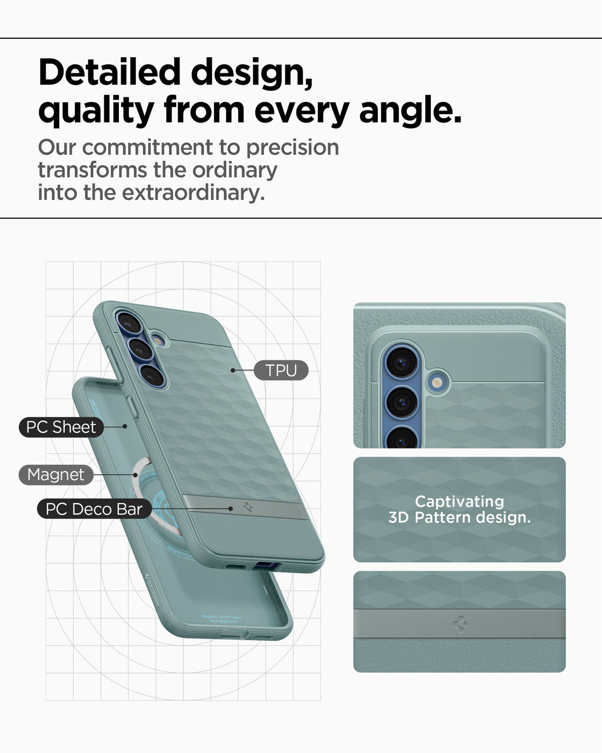 ACS09063 - Galaxy S25 Case Parallax (MagFit) in Sage Green showing the detailed design, quality from every angle. Our commitment to precision transforms the ordinary into the extraordinary. TPU, PC Sheet, Magnet and PC Decor Bar with captivating 3D pattern design