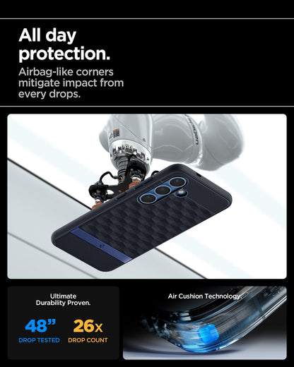 ACS09064 - Galaxy S25 Case Parallax (MagFit) in Navy Violet showing the all day protection. Airbag-like corners mitigate impact from drops. Ultimate durability proven. 48" drop tested and 26X drop count