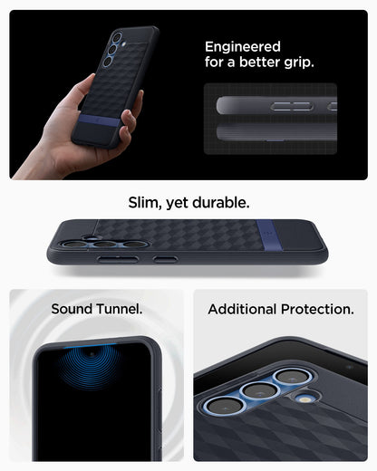 ACS09064 - Galaxy S25 Case Parallax (MagFit) in Navy Violet showing how it is engineered for a better grip. Slim, yet durable. Sound Tunnel and Additional Protection