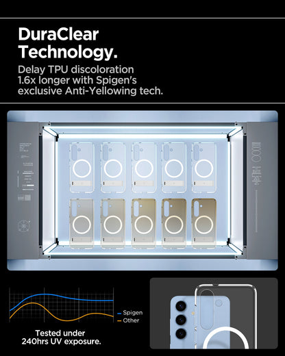 ACS08984 - Galaxy S25 Plus Case Ultra Hybrid S in Clear White showing the DuraClear Technology. Delay TPU discoloration 1.6x longer with Spigen's exclusive Anti-Yellowing tech.
