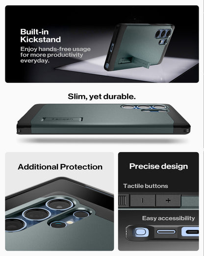 ACS08966 - Galaxy S25 Ultra Case Tough Armor AI (MagFit) in Abyss Green showing the built-in kickstand. Enjoy hands-free usage for more productivity everyday. Slim, yet durable. Additional Protection, Precise design and easy accessibility
