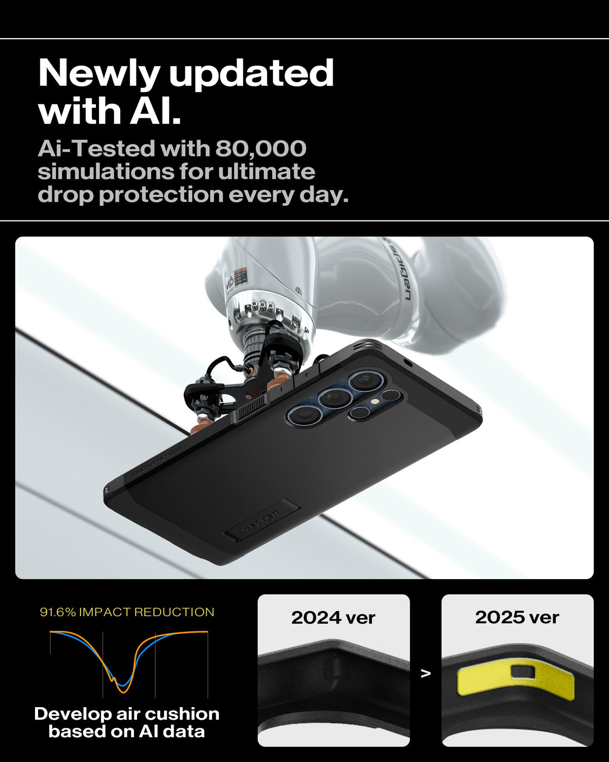ACS08964 - Galaxy S25 Ultra Case Tough Armor AI (MagFit) in Black showing the newly updated with AI. Ai-Tested with 80,000 simulations for ultimate drop protection everyday. Develop air cushion based on AI data