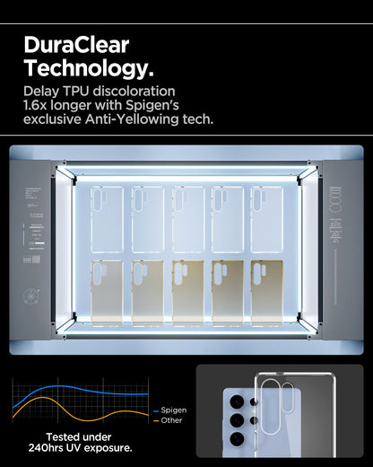ACS08961 - Galaxy S25 Ultra Case Ultra Hybrid in Crystal Clear showing the DuraClear Technology. Delay TPU discoloration 1.6x longer with Spigen's exclusive Anti-Yellowing tech