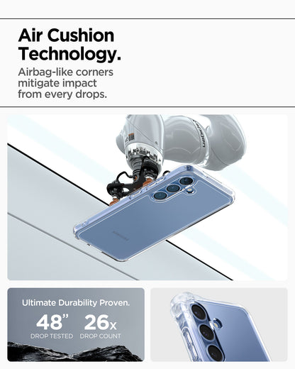 ACS09006 - Galaxy S25 Case Ultra Hybrid in Crystal Clear showing the Air Cushion Technology. Airbag-like corners mitigate impact from every drops. Ultimate Durability Proven. 48" drop tested, 26x drop count