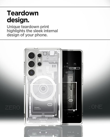ACS08958 - Galaxy S25 Ultra Case Ultra Hybrid Metal Ring Zero One (MagFit) in Zero One White showing the teardown design. Unique teardown print highlights the sleek internal design of your phone