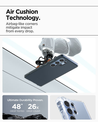 ACS08949 - Galaxy S25 Ultra Case Liquid Crystal in Space Crystal showing the Air Cushion Technology. Airbag-like corners mitigate impact from every drop. Ultimate durability proven. 48" drop tested and 26x drop count