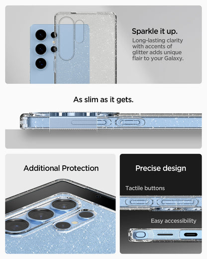 ACS08950 - Galaxy S25 Ultra Case in Crystal Quartz showing the long lasting clarity with accents of glitter adds unique flair to your Galaxy. As slim as it gets. Additional Protection. Precise design, tactile buttons and easy accessibility