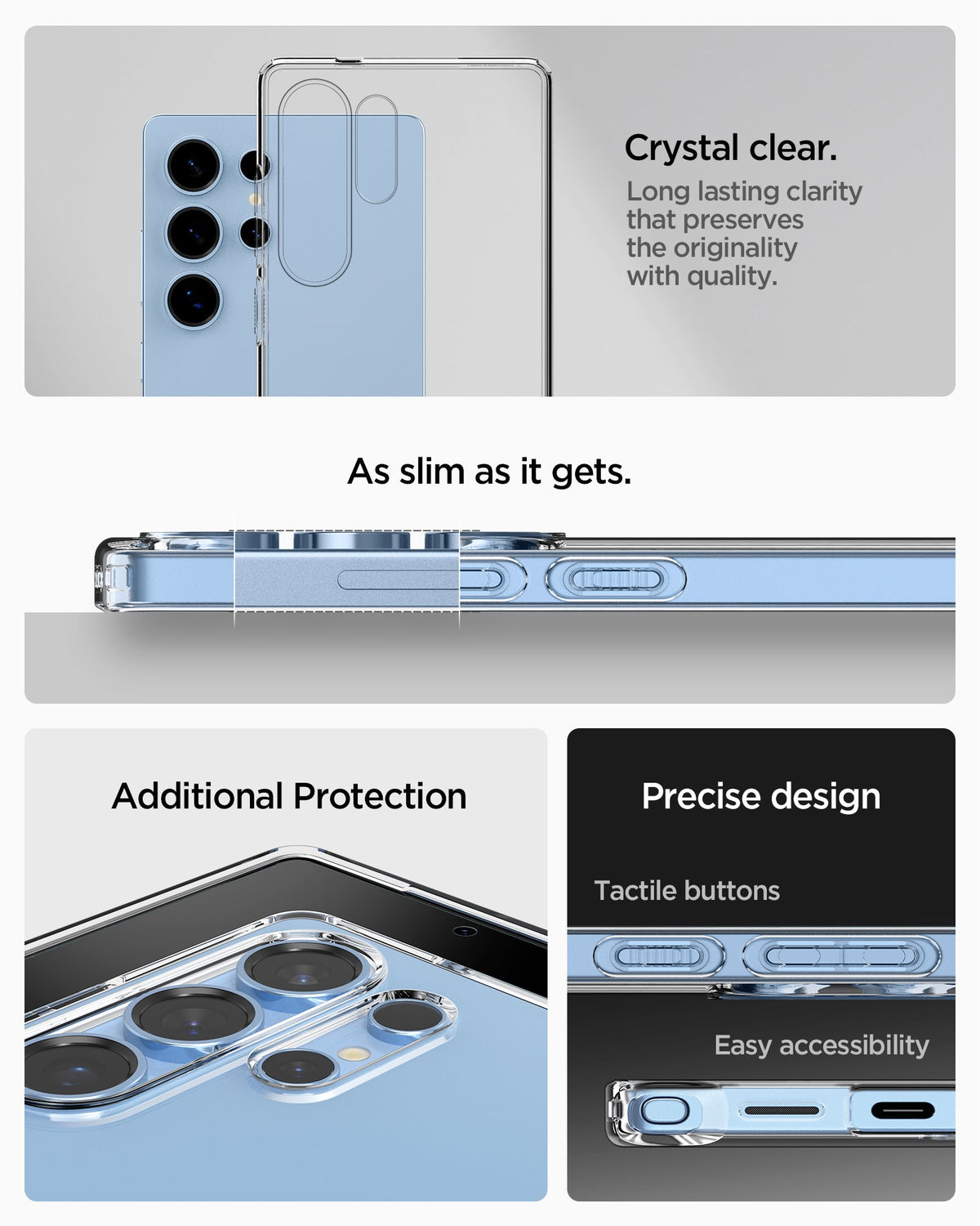 ACS08948 - Galaxy S25 Ultra Case Liquid Crystal in Crystal Clear showing the crystal clear. Long lasting clarity that preserves the originality with quality. As slim as it gets. Additional Protection. Precise design, tactile buttons and easy accessibility