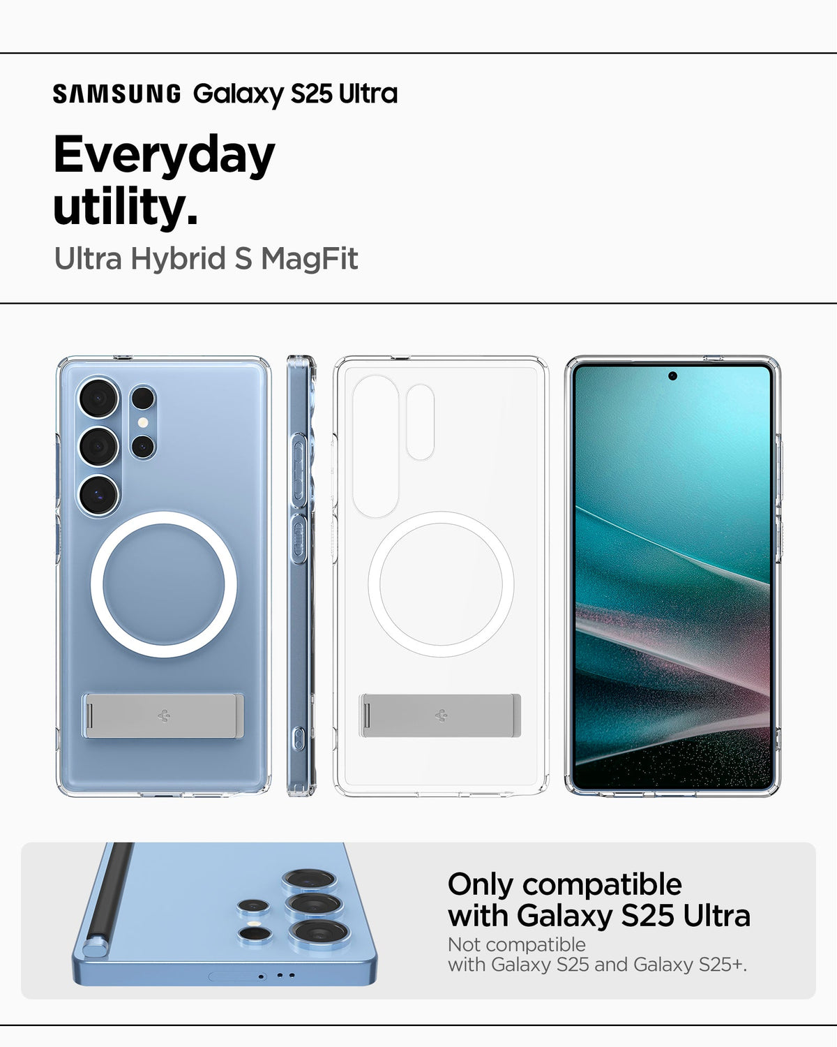 ACS08963 - Galaxy S25 Ultra Case Ultra Hybrid S in Clear White showing the compatibility. Only compatible with Galaxy S25 Ultra and not compatible with Galaxy S25 and Galaxy S25+