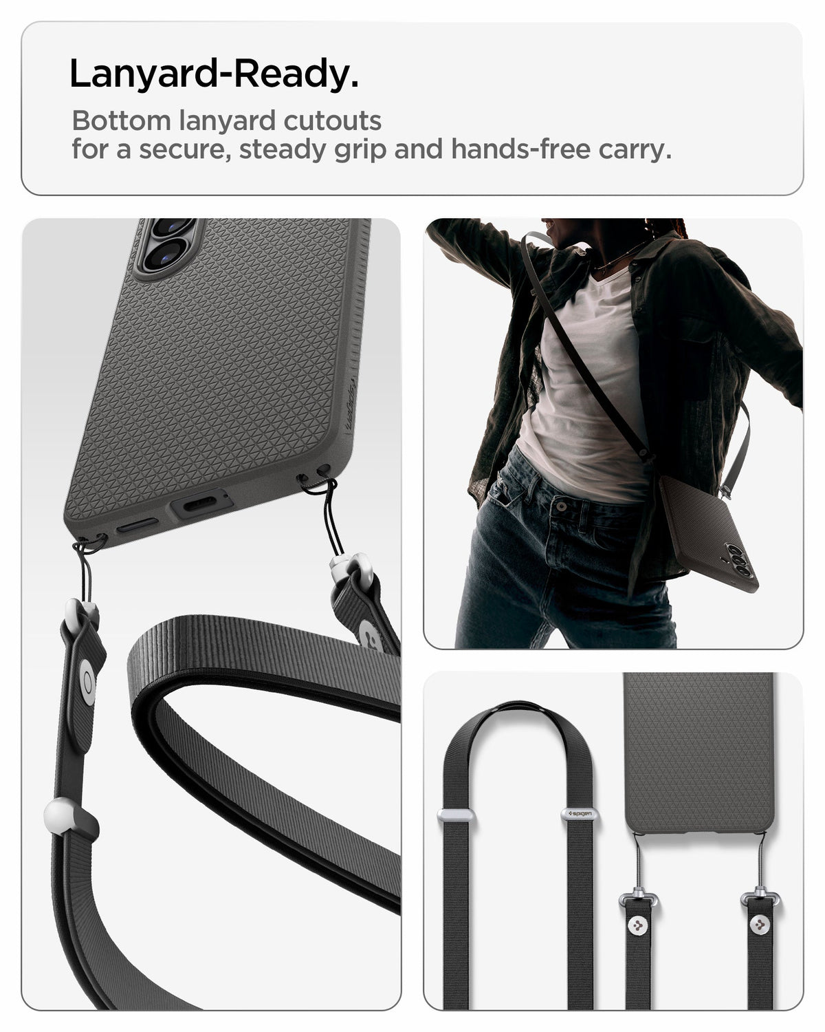 ACS11210 - Galaxy S26 Plus Liquid Air in Marble Gray showing lanyard ready. Bottom lanyard cutouts for a secure steady grip and hands free carry