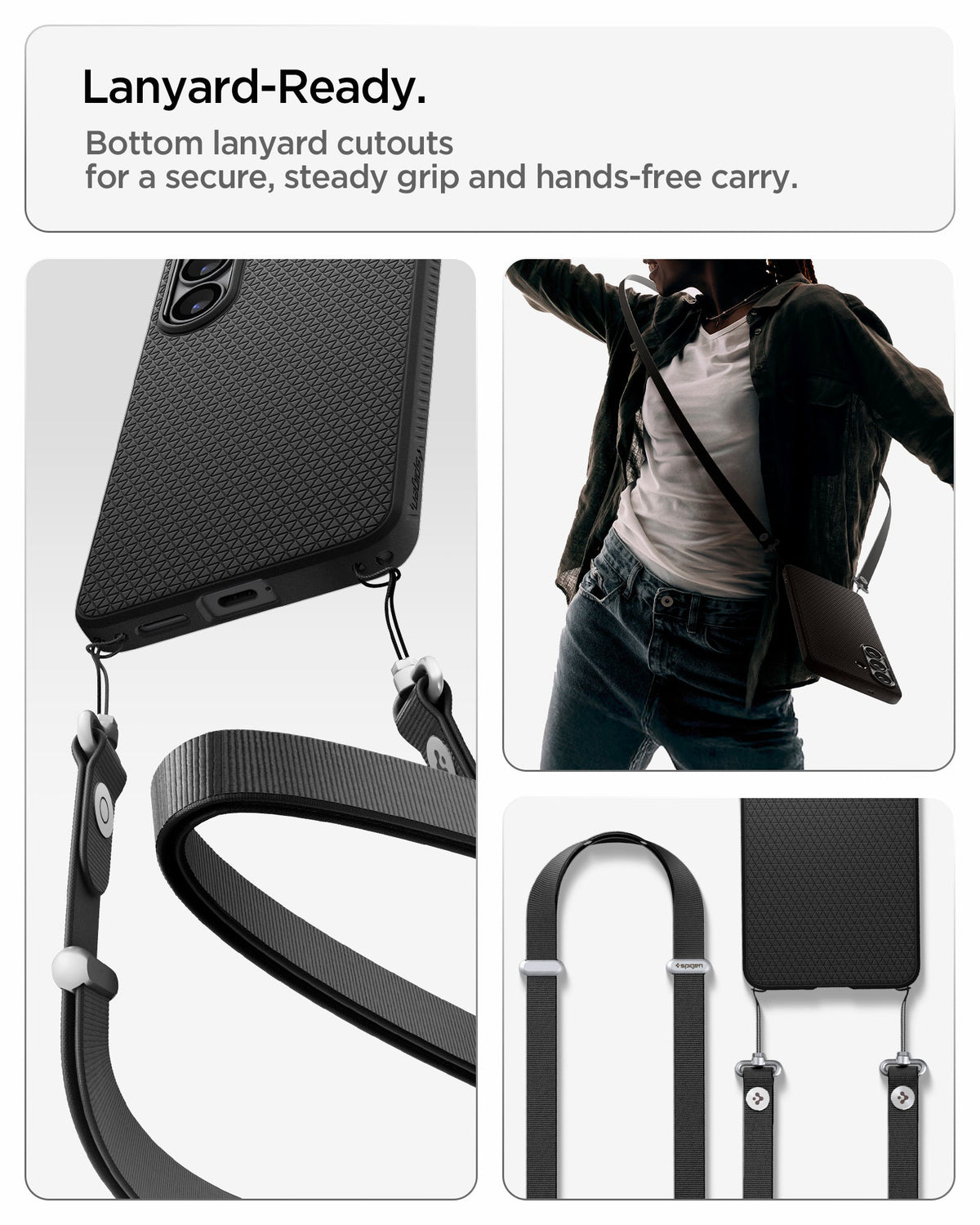 ACS11043 - Galaxy S26 Plus Liquid Air (Mag Fit) in Matte Black showing lanyard ready. Bottom lanyard cutouts for a secure steady grip and hands free carry