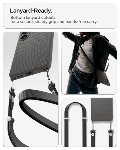 ACS11216 - Galaxy S26 Liquid Air in Marble Gray showing lanyard ready. Bottom lanyard cutouts for a secure steady grip and hands free carry