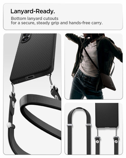 ACS11055 - Galaxy S26 Liquid Air (Mag Fit) in Matte Black showing lanyard ready. Bottom lanyard cutouts for a secure steady grip and hands free carry
