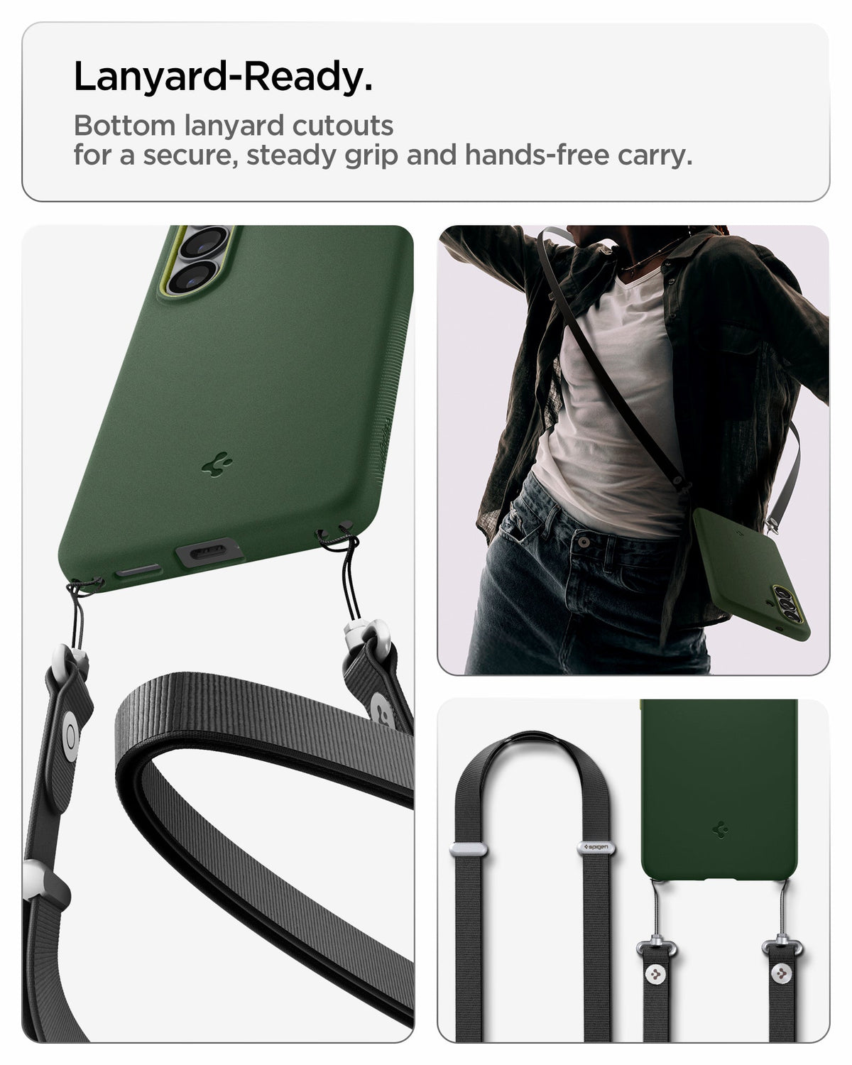 ACS11067 - Galaxy S26 Nano Pop (Mag Fit) in Avo Green showing lanyard ready. Bottom lanyard cutouts for a secure steady grip and hands free carry