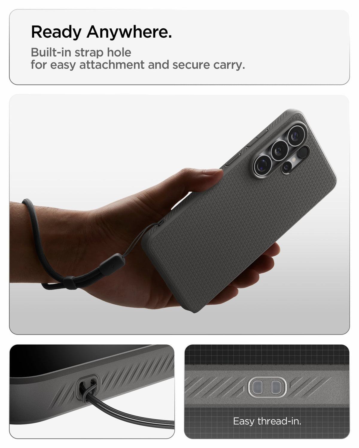 ACS11025 - Galaxy S26 Ultra Liquid Air (Mag Fit) in Marble Gray showing ready anywhere. built in strap hole for easy attachment and secure carry