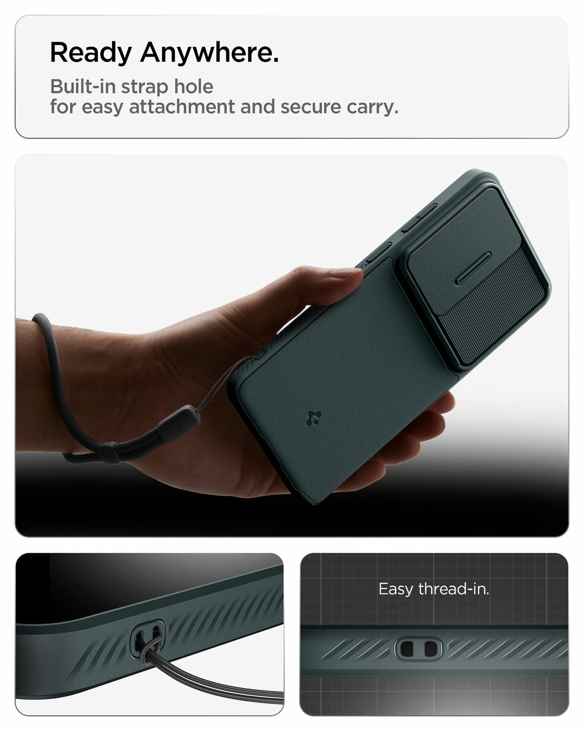 ACS11041 - Galaxy S26 Ultra Optik Armor in Abyss Green showing ready anywhere. built in strap hole for easy attachment and secure carry