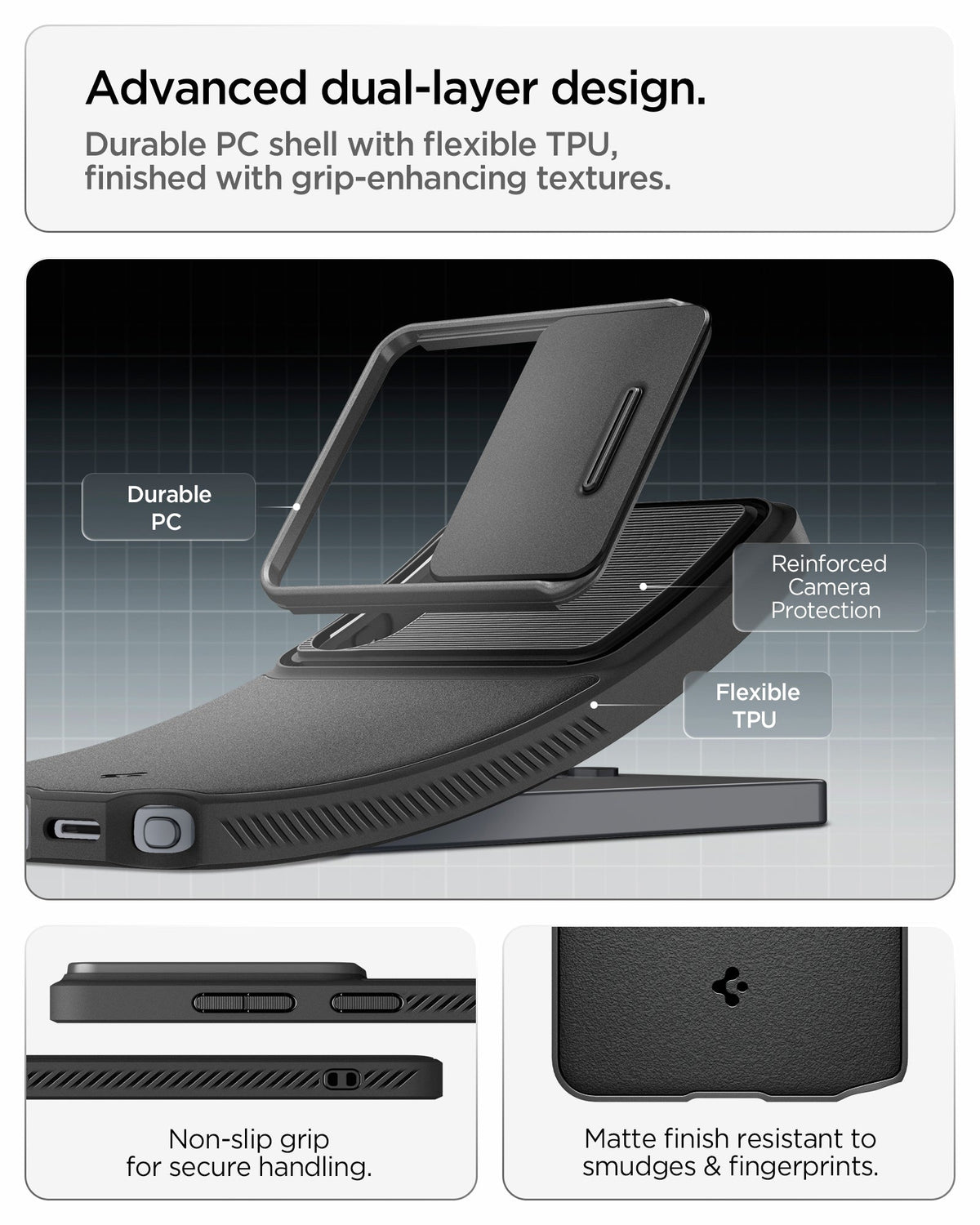 ACS11040 - Galaxy S26 Ultra Optik Armor in Black showing advanced dual layer design. durable PC shell with flexible TPU, finished with grip enhancing textures