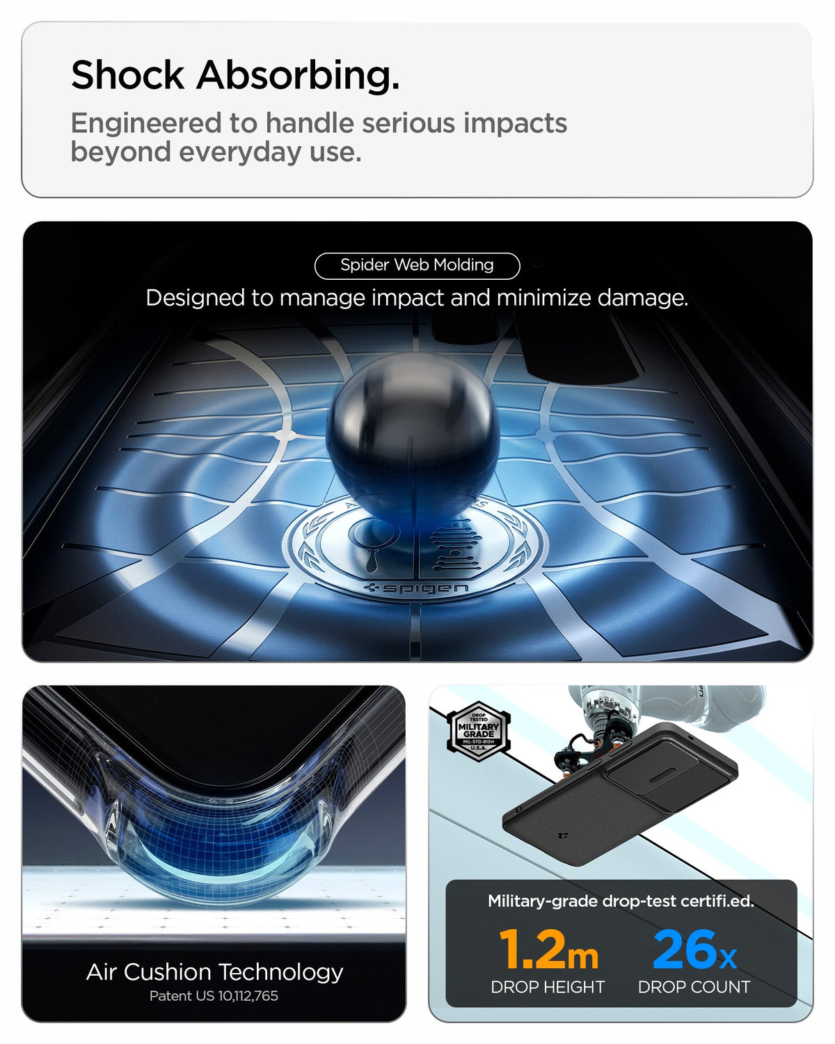 ACS11040 - Galaxy S26 Ultra Optik Armor in Black showing shock absorbing. engineered to handle serious impacts beyond everyday use
