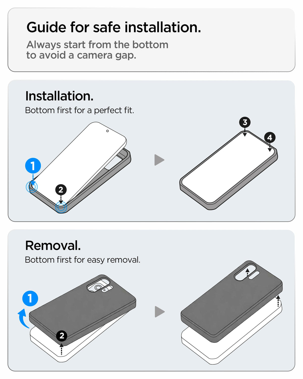 ACS11224 - Galaxy S26 Ultra Optik Armor in Light Blue showing guide for safe installation