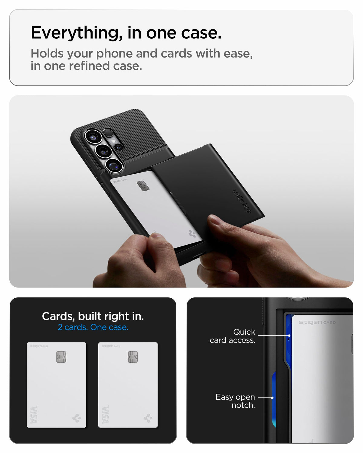 ACS11036 - Galaxy S26 Ultra Slim Armor CS in Black showing everyday, in one case. 2 cards built in case